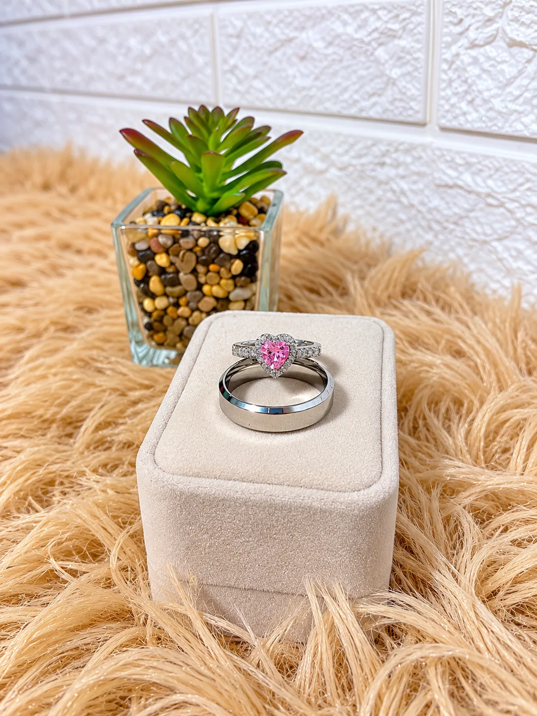 Dúo de Anillos Plateado Corazón Pandora Rosa