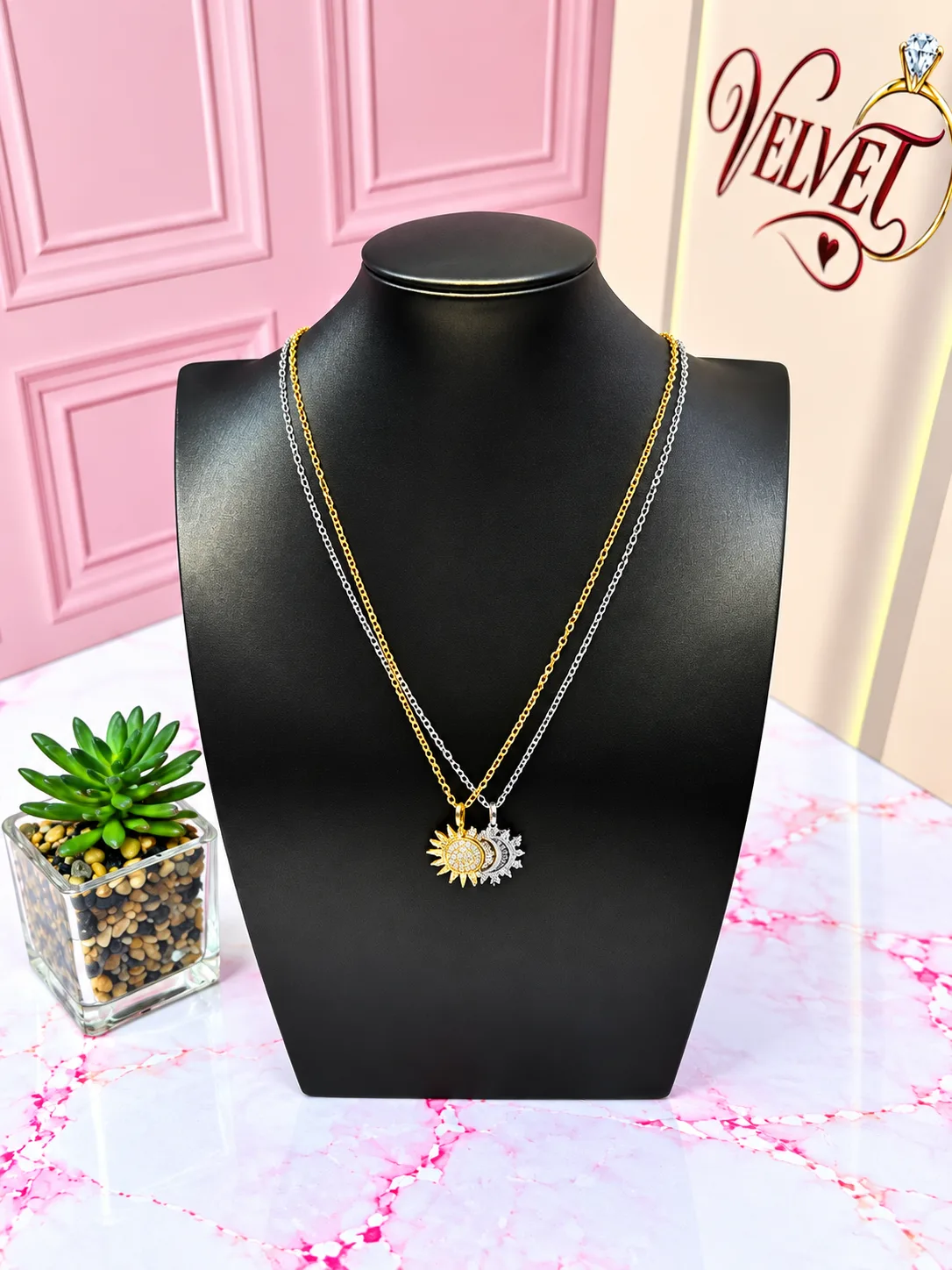 Collar Doble Sol y luna Dorado , Plateado