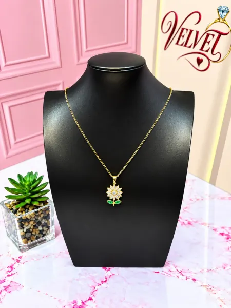 Collar  Dorado Girasol Giratorio con hojas verdes